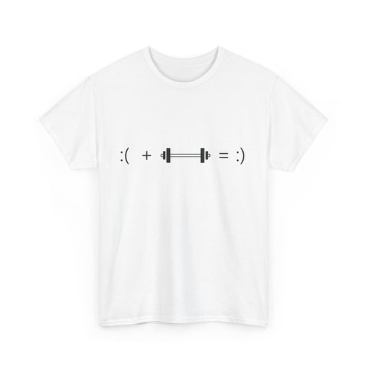 Heavy Cotton Gym T-Shirt - Motivational Design - Sad + Barbell = Happy