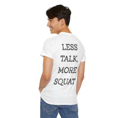 Unisex heavy Cotton Gym T-shirt - Motivational Design - Less Talk, More Squat